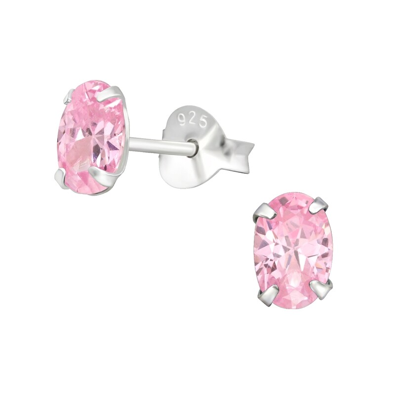 Oval CZ Classic Ear Studs - Pink