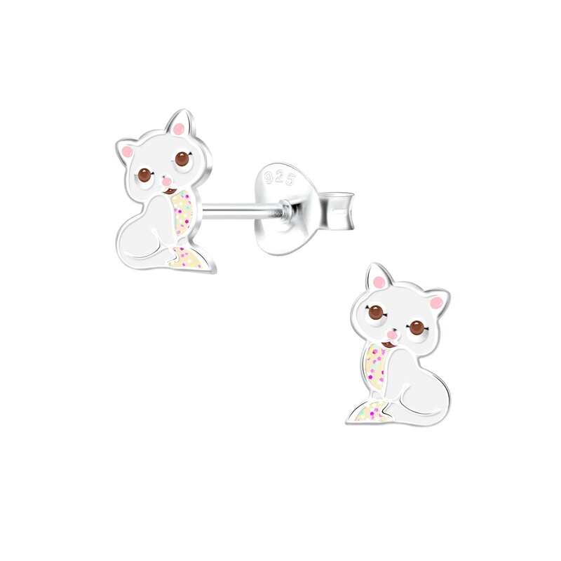 Cat Colourful Ear Studs - White