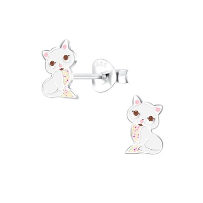 Cat Colourful Ear Studs - White