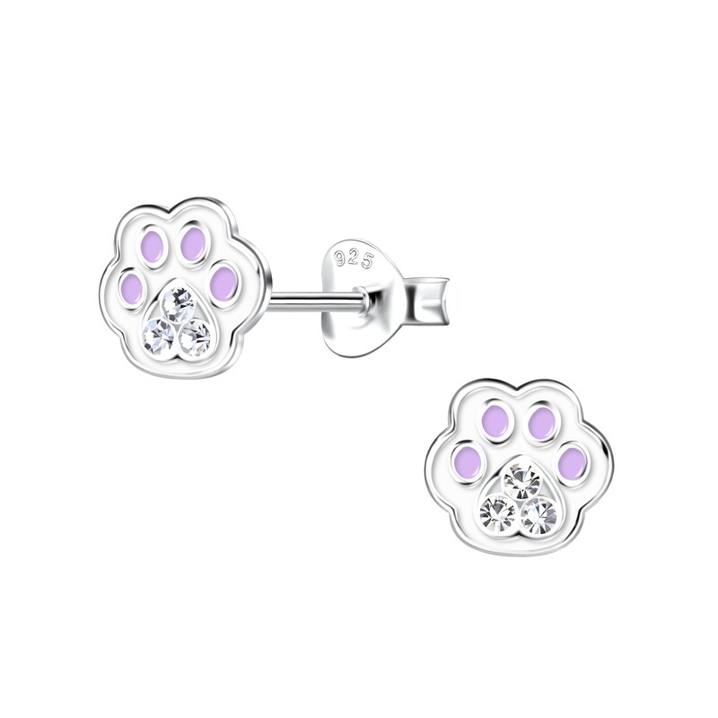 Paw Print Crystal Ear Studs - light purple