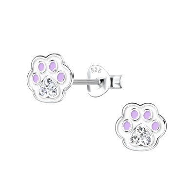 Paw Print Crystal Ear Studs - light purple