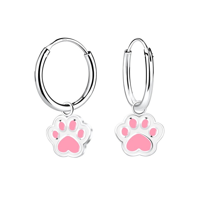 Cute Paw Charm Ear Hoops - Pink
