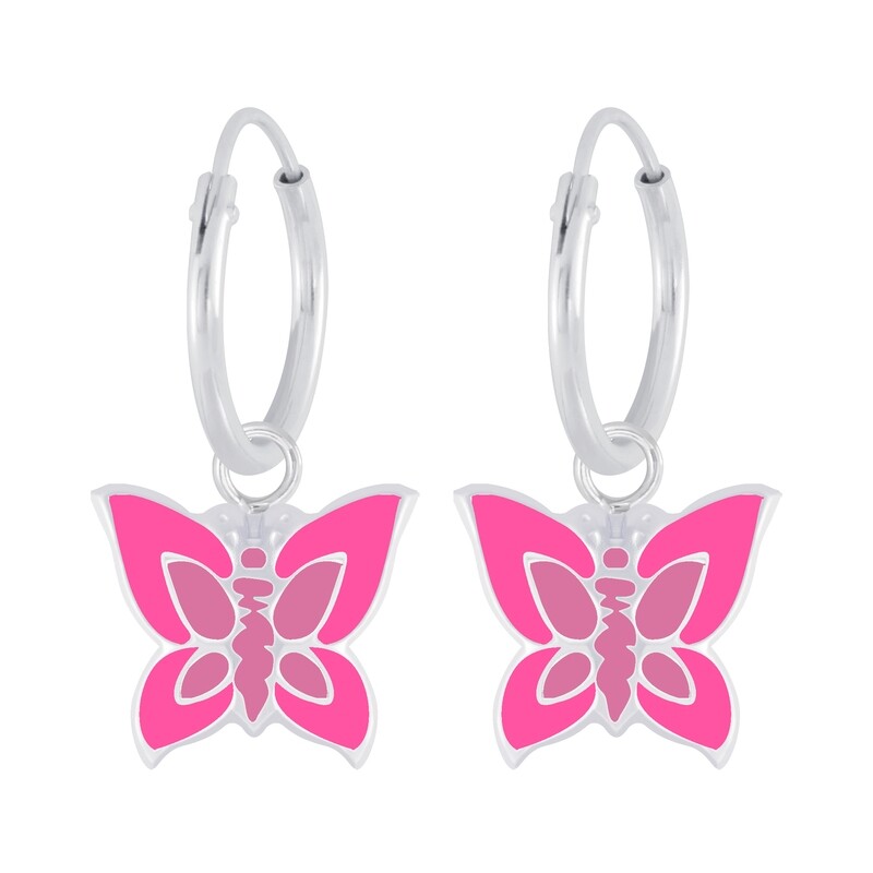 Butterfly Charm Ear Hoops - Hot Pink