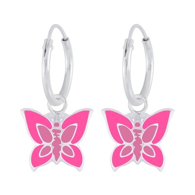 Butterfly Charm Ear Hoops - Hot Pink