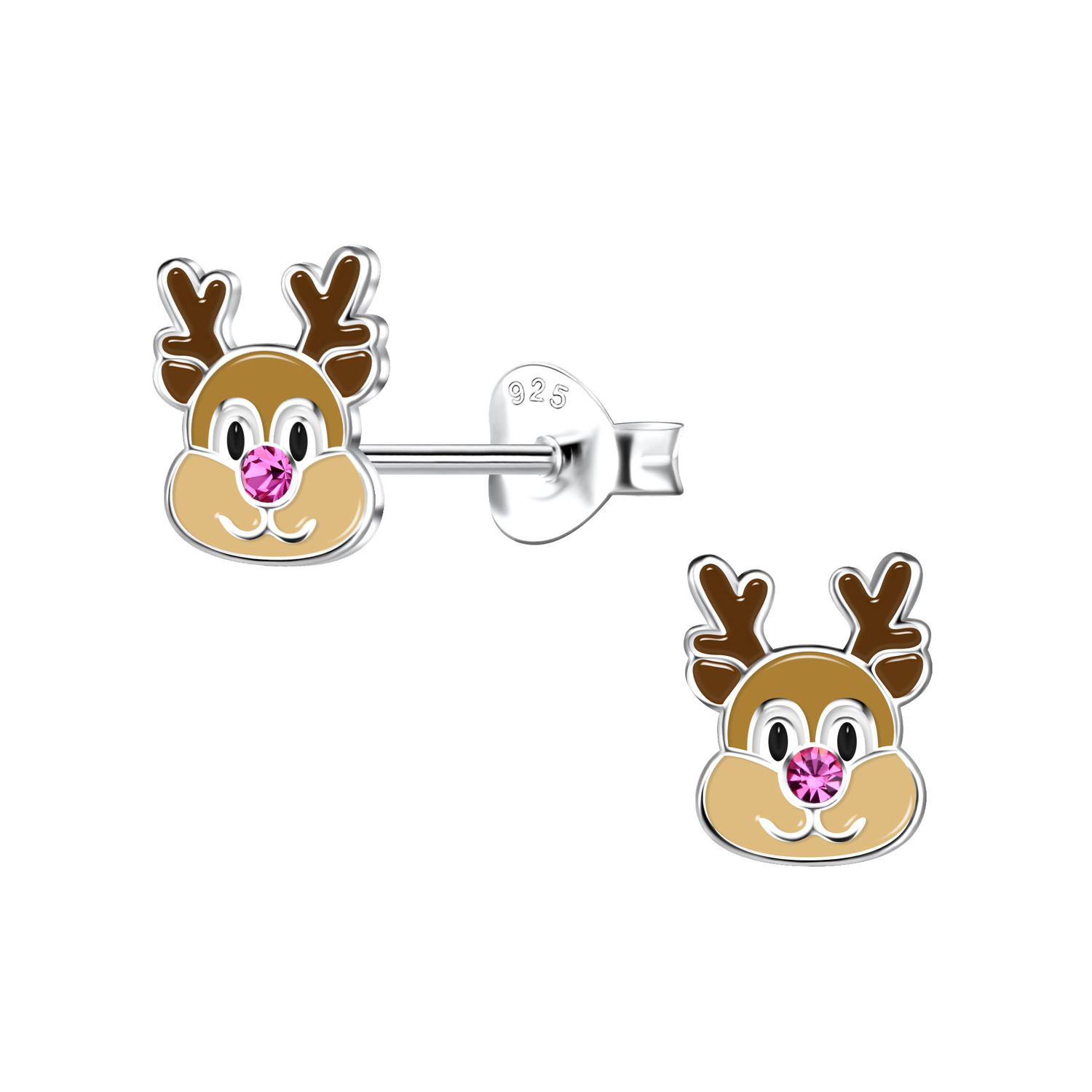 Reindeer Face Crystal Ear Studs - pink Nose