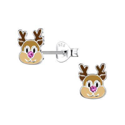 Reindeer Face Crystal Ear Studs - pink Nose