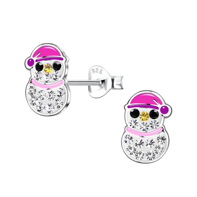 Crystal Snowman Ear Studs - Pink Hat