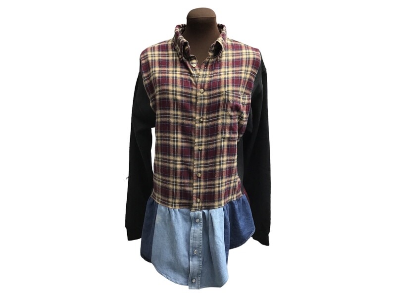 Upcycled and Reworked Flannel Shirt with Added Denim Trim