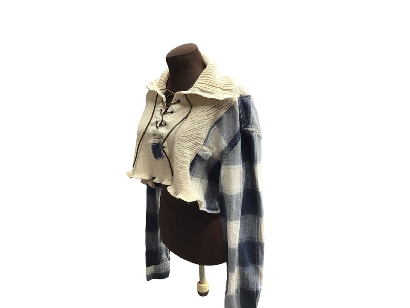 Upcycled Sweater Crop Top w/ Leather Tie Front / Flannel Sleeves