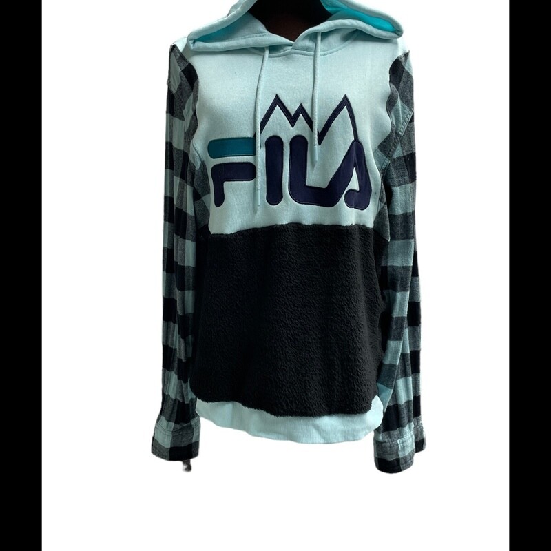Reworked Fila Hoodie with Long Flannel Sleeves and Fleece Bodice