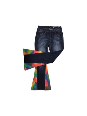 Denim jeans with added side, tie dyed cotton bell side panel