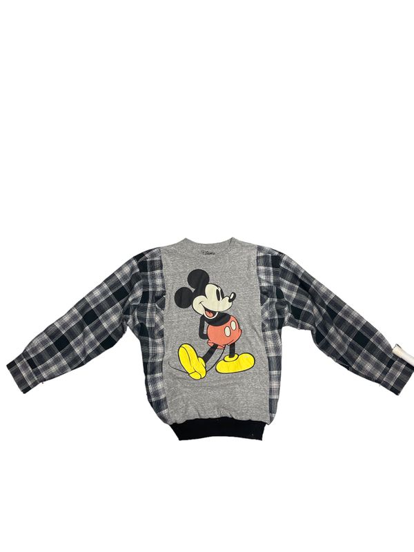 Upcycled Vintage Mickey Mouse T-Shirt with Flannel Sleeves