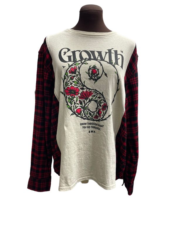 Growth Logo Ladies Long Sleeve Plaid Flannel Upcycled T-Shirt / ladies oversized top