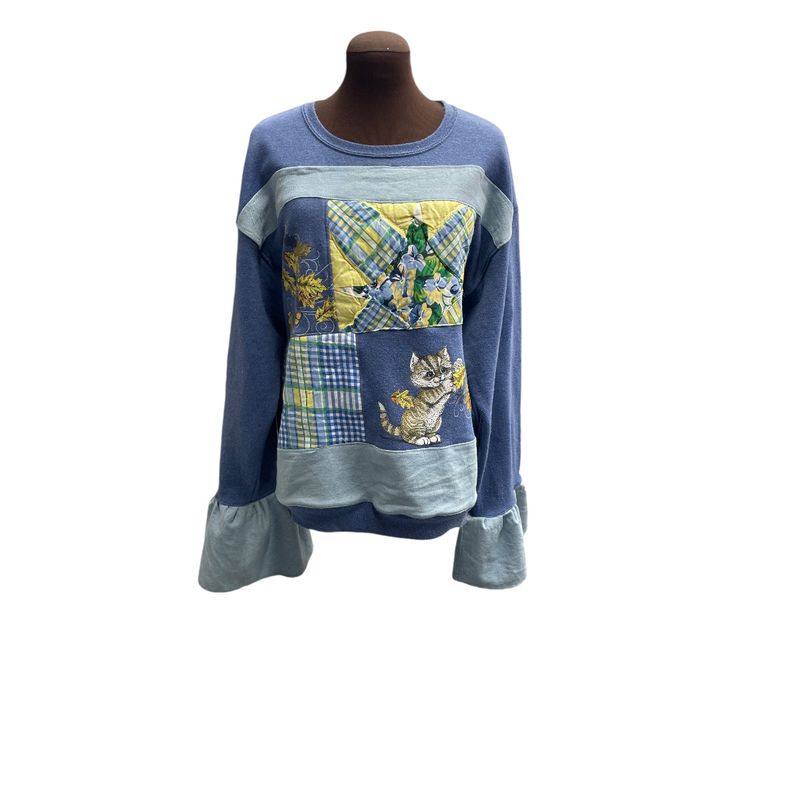 Cat Lady Denim and Vintage Quilt Reworked Sweatshirt