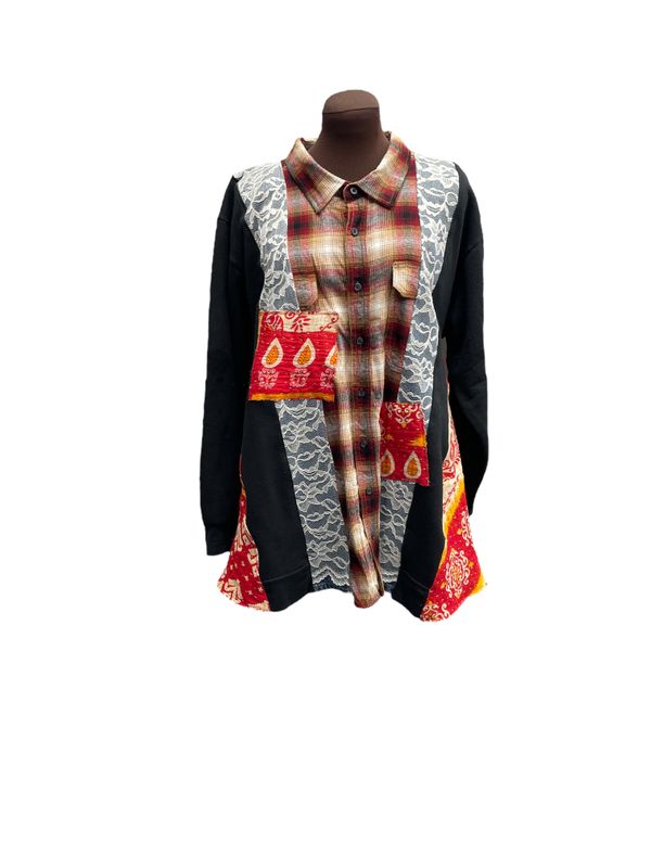 Ladies Grunge Bohemian Oversized Top / Duster with Kantha Cotton Patched