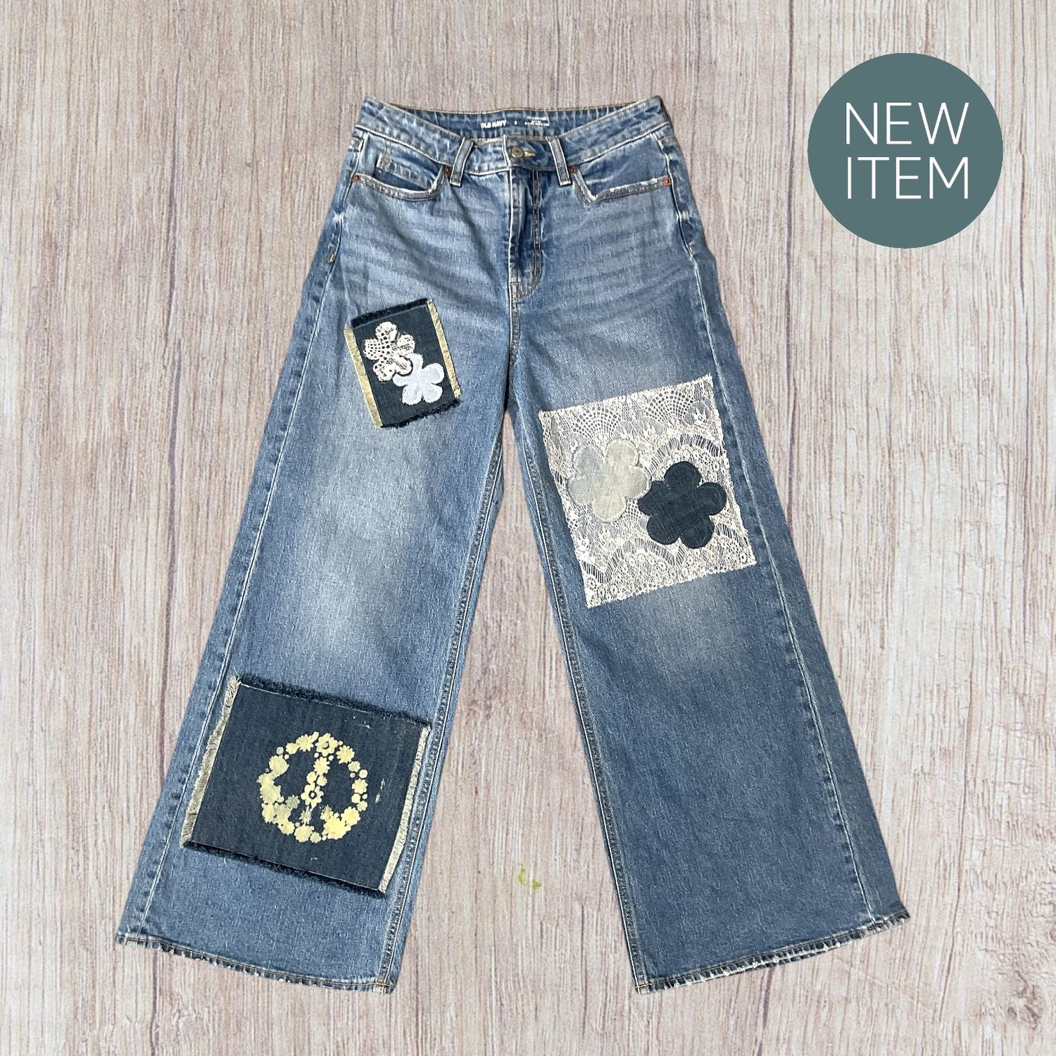 Upcycled High Rise Wide Leg Jeans with Bohemian Handmade Patches