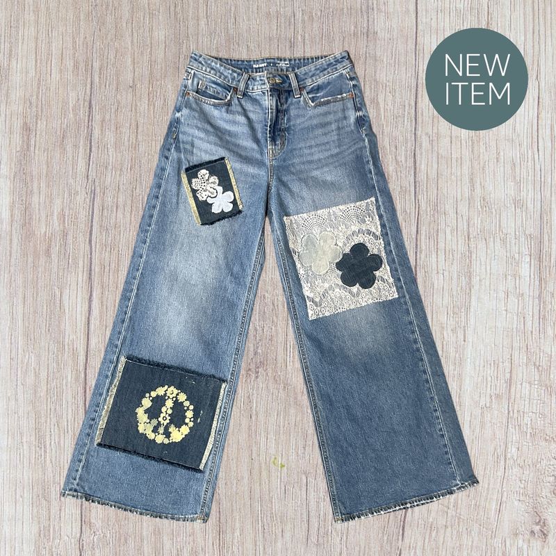 Upcycled High Rise Wide Leg Jeans with Bohemian Handmade Patches