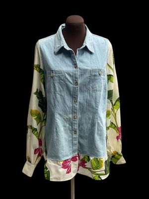 Feminine Denim and Floral Reworked Ladies Dressy Casual Blouse
