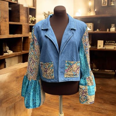 Upcycled Denim Jacket with Bell Kantha Sleeves