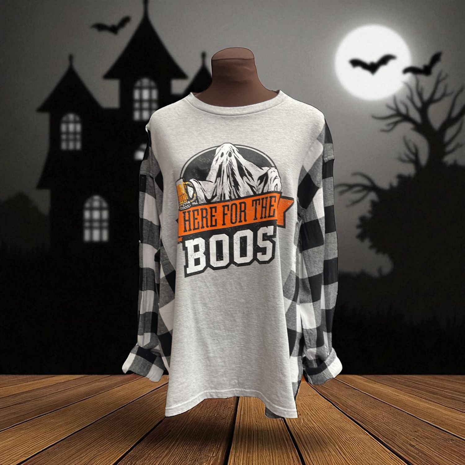 Reworked Halloween Here for the Boos Graphic T-Shirt with Plaid Flannel Sleeves