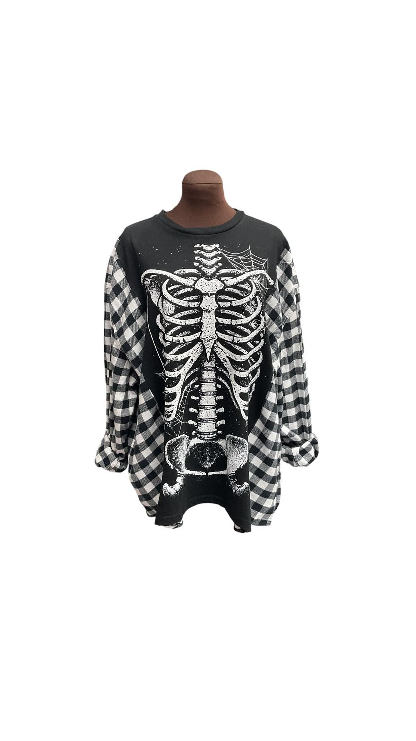 Reworked Halloween Skeleton Graphic T-Shirt with Plaid Flannel Sleeves