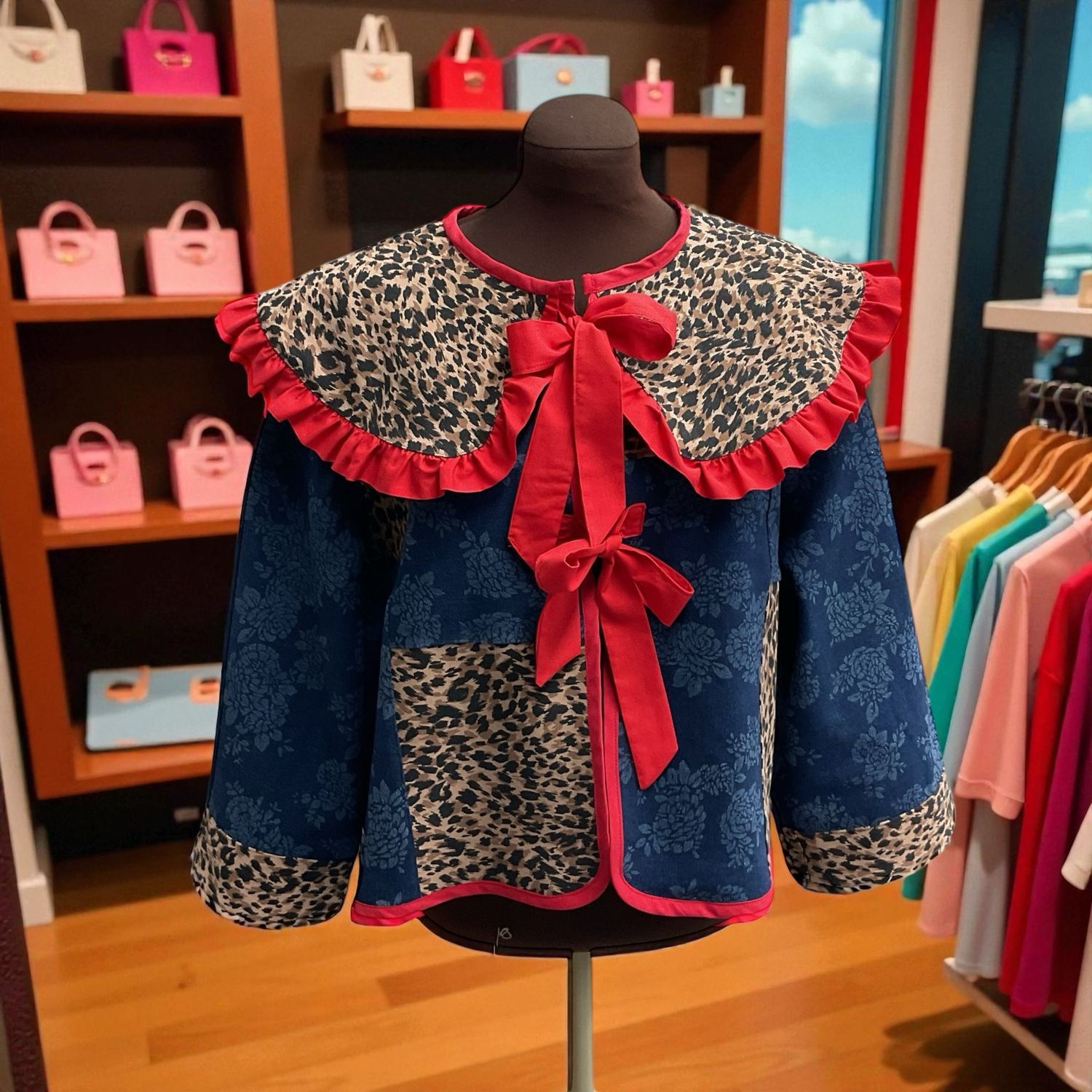 Animal Print / Denim Ladies Tie Front Jacket