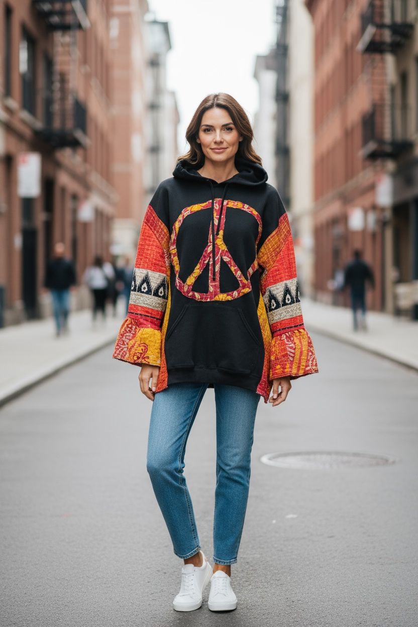 Ladies Boho Oversized Hippie Black Hoodie / Peace Sign / Ladies Clothing