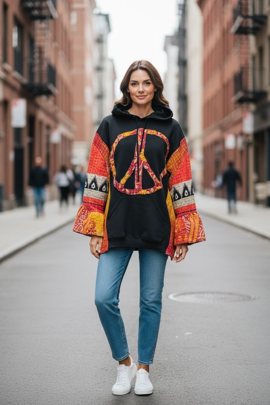 Ladies Boho Oversized Hippie Black Hoodie / Peace Sign / Ladies Clothing