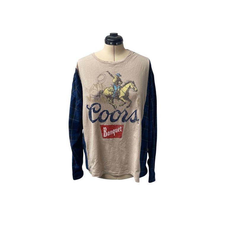 Ladies Oversized Coors Banquet T-Shirt with Blue Flannel Long Sleeves Ladies Oversized Coors Banquet T-Shirt with Blue Flannel Long Sleeves