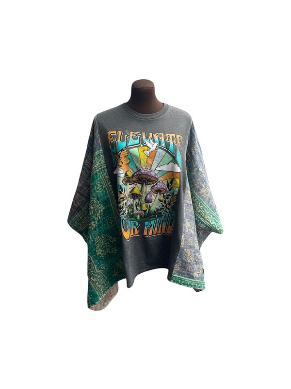 Elevate Your Mind Boho Ladies Upcycled T—Shirt Poncho Ruana