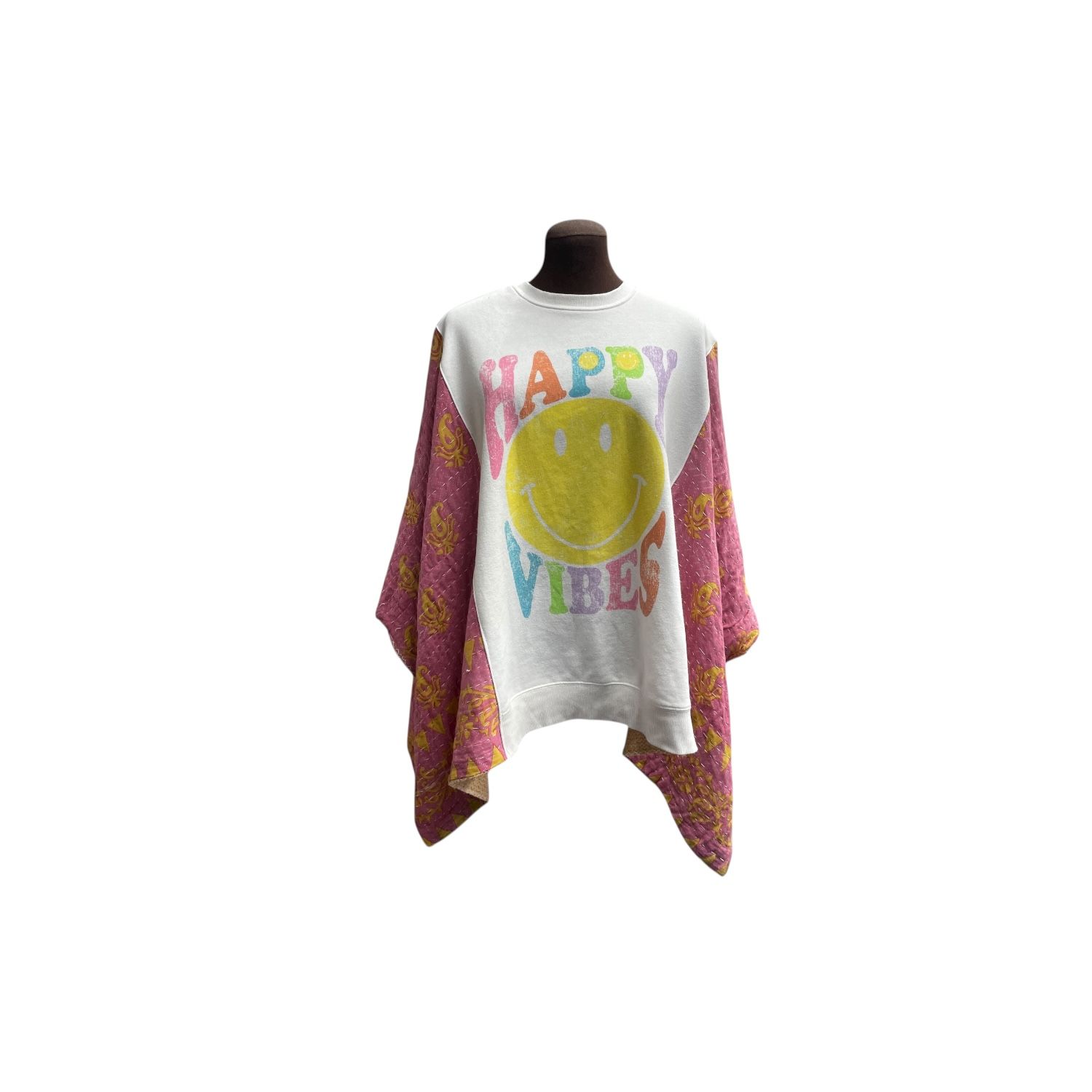 Happy Vibes Yellow Smiley Face Ladies Upcycled Poncho / Womenswear / Sustainable Fashion