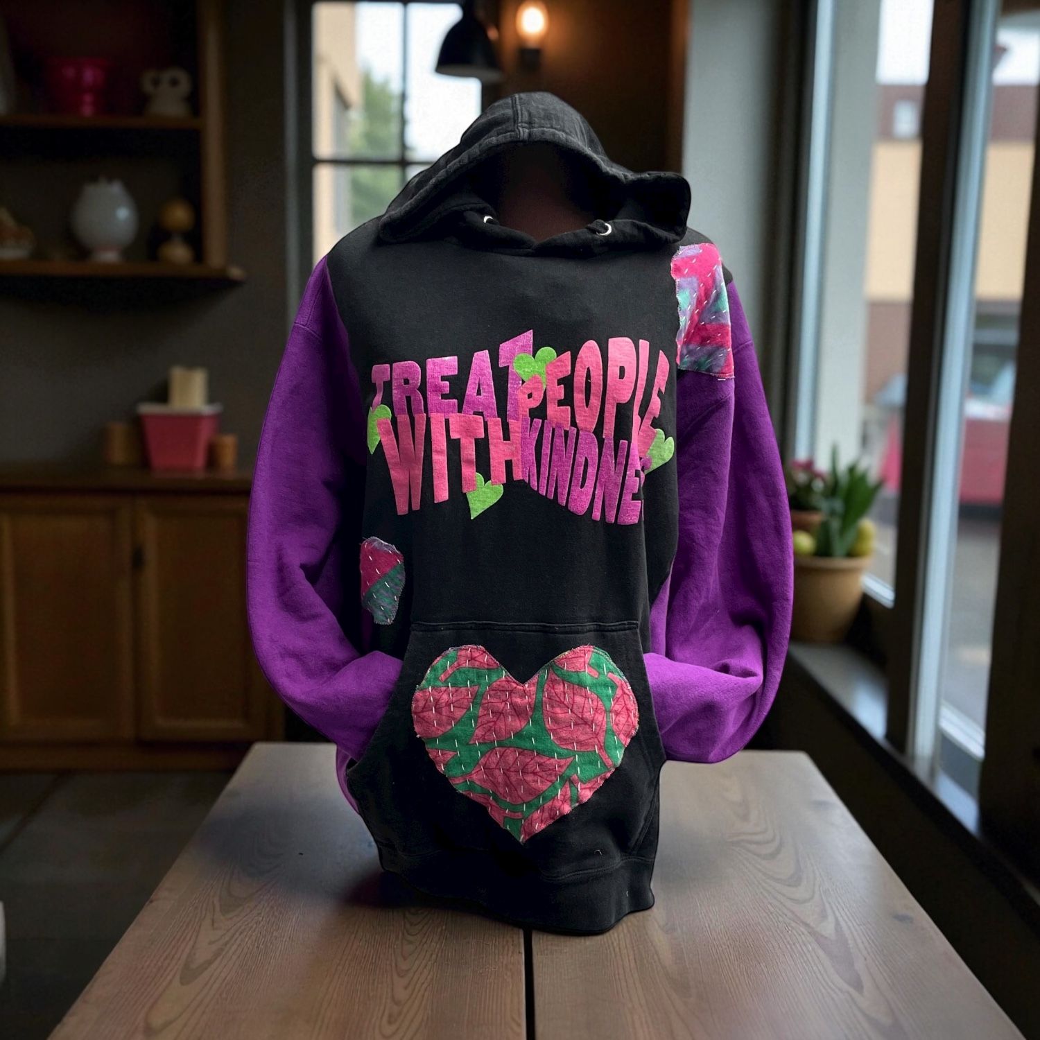 Boho Hippie Upcycled Hoodie / Treat People with Kindness / Ladies Fashion