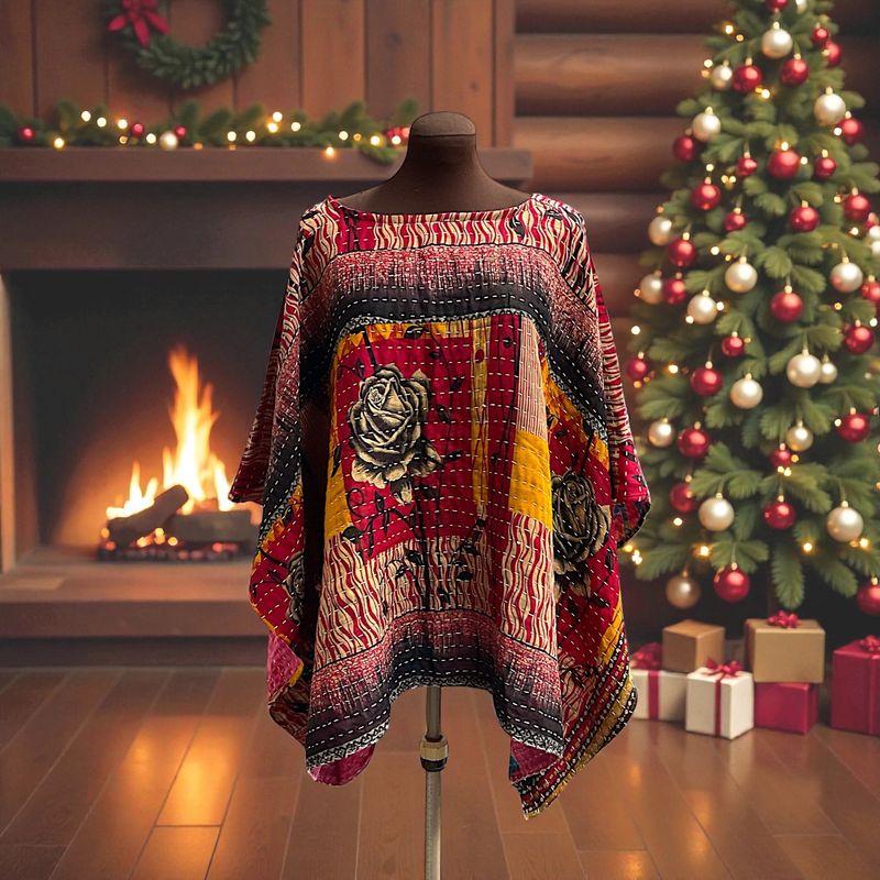 Elegant Red, Black and Gold Ladies Kantha Poncho