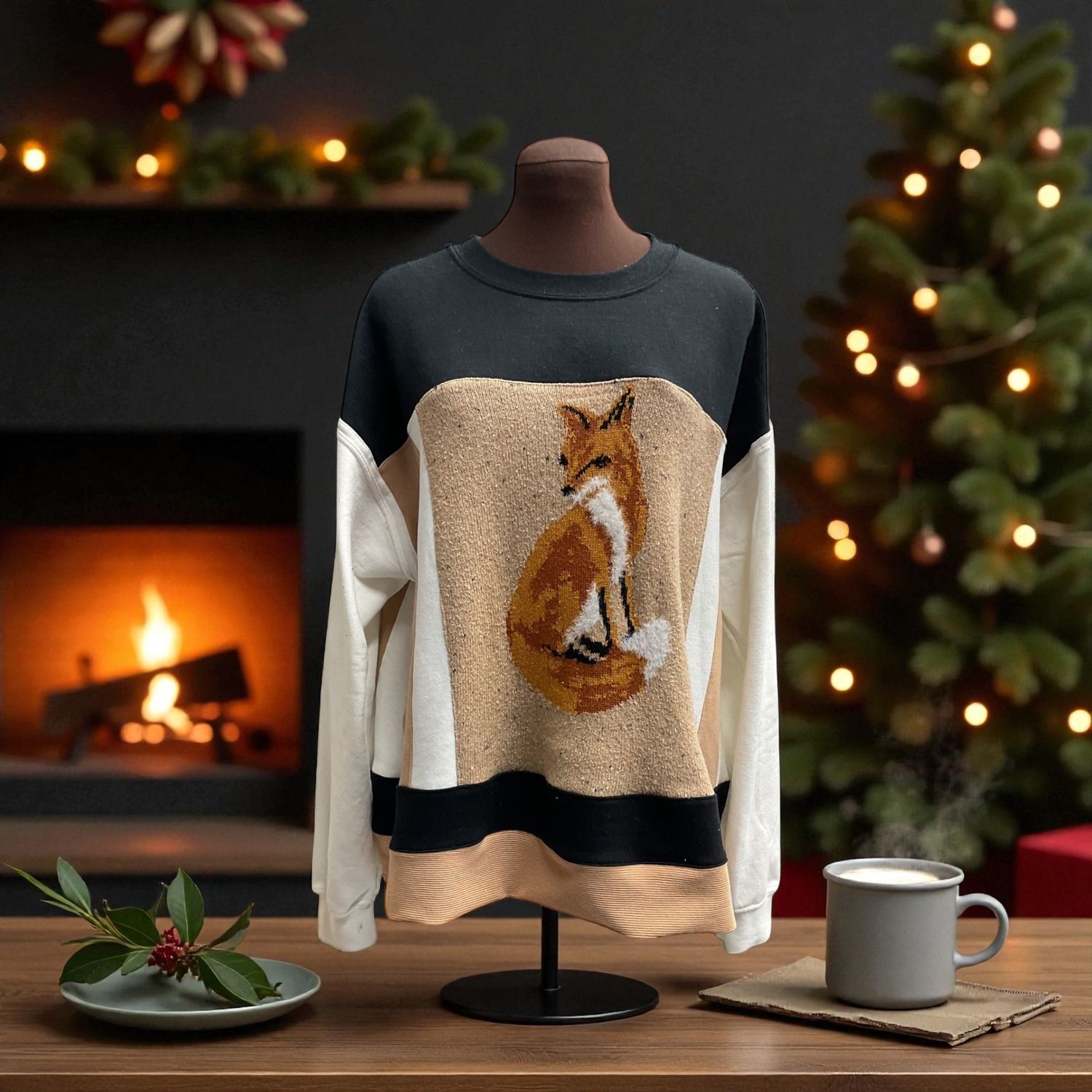 Sweet Fox Color Block Sweater/Sweatshirt womenswear Black Tan White Sweatshirt