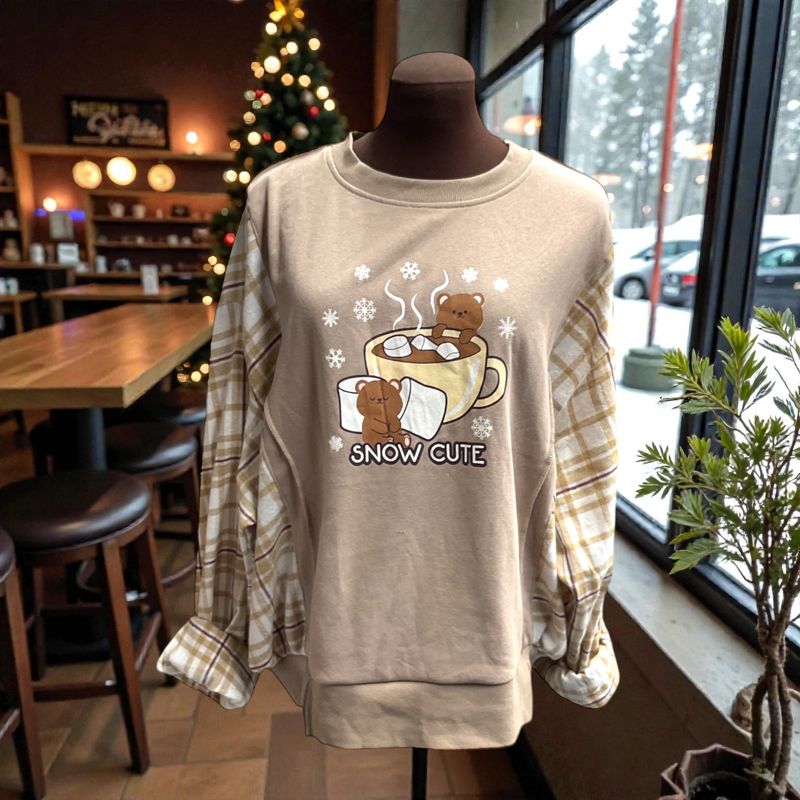 Sweet Teddy Bear Reworked Ladies Sweatshirt with Long Plaid Flannel Sleeves / Oversized Sweet Teddy Bear Reworked Ladies Sweatshirt with Long Plaid Flannel Sleeves / Oversized