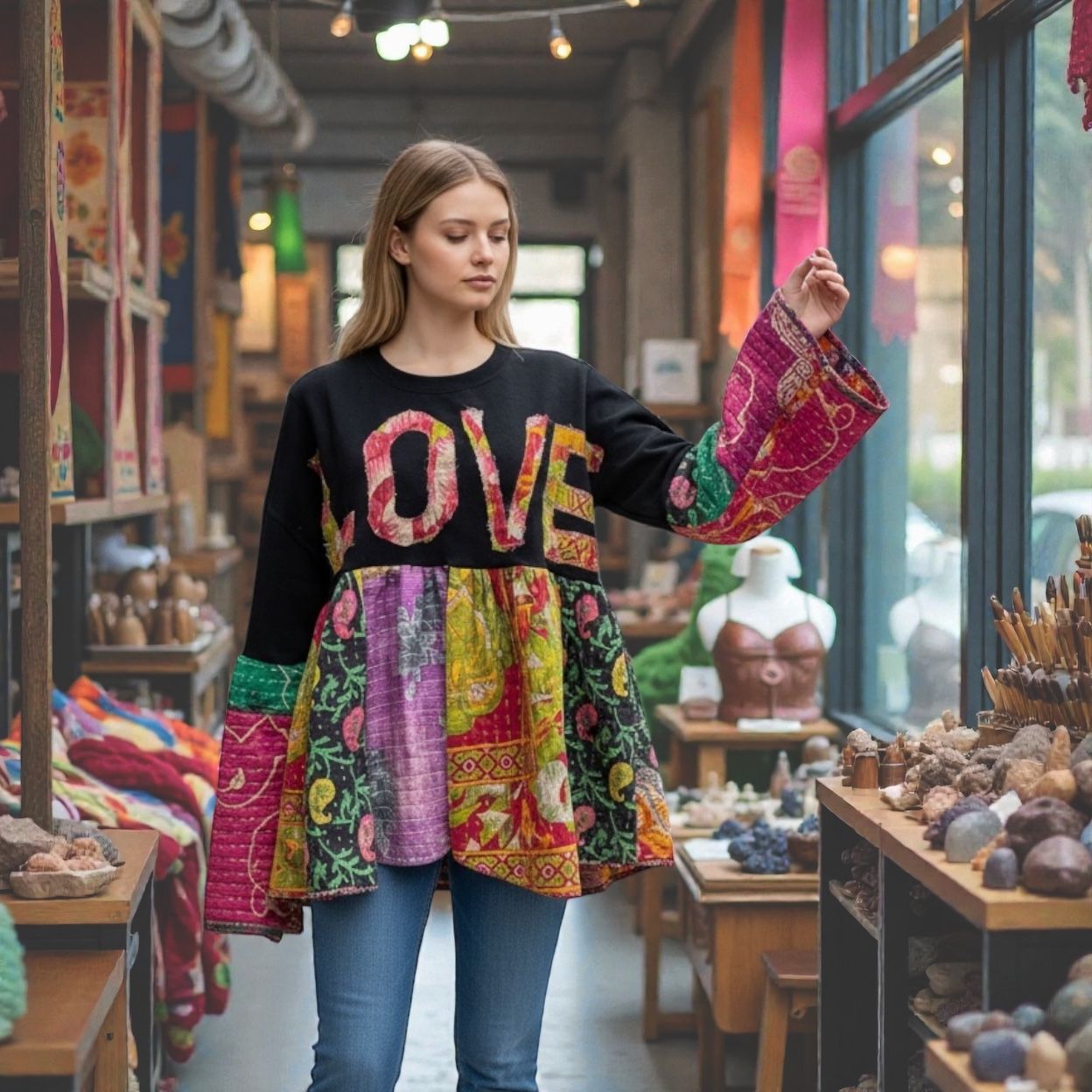 Oversized Boho Ladies Reworked Love Sweatshirt