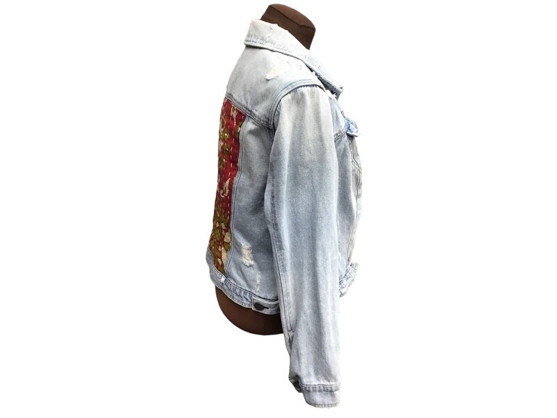 Upcycled Distressed Denim Jacket | Vintage Kantha Back Panel