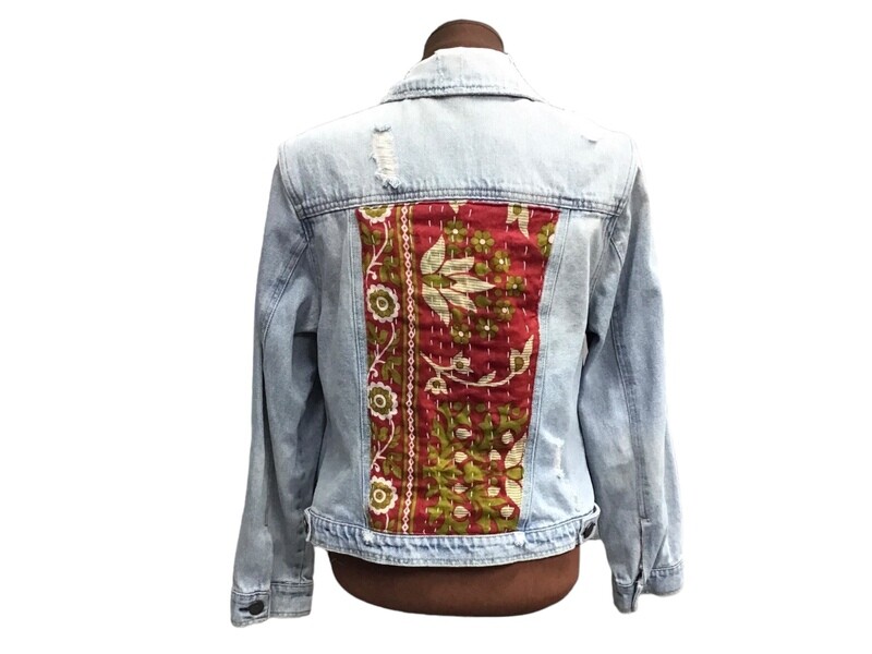 Upcycled Distressed Denim Jacket | Vintage Kantha Back Panel