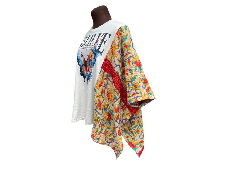​Believe in Who You Are Upcycled Poncho | Kantha Cotton Sleeve Top