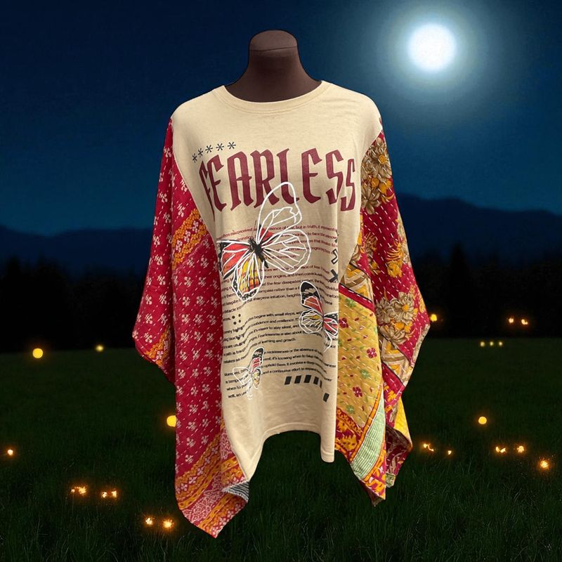 Upcycled “Fearless” Kantha Poncho | Butterfly Graphic Layering Top | One Size