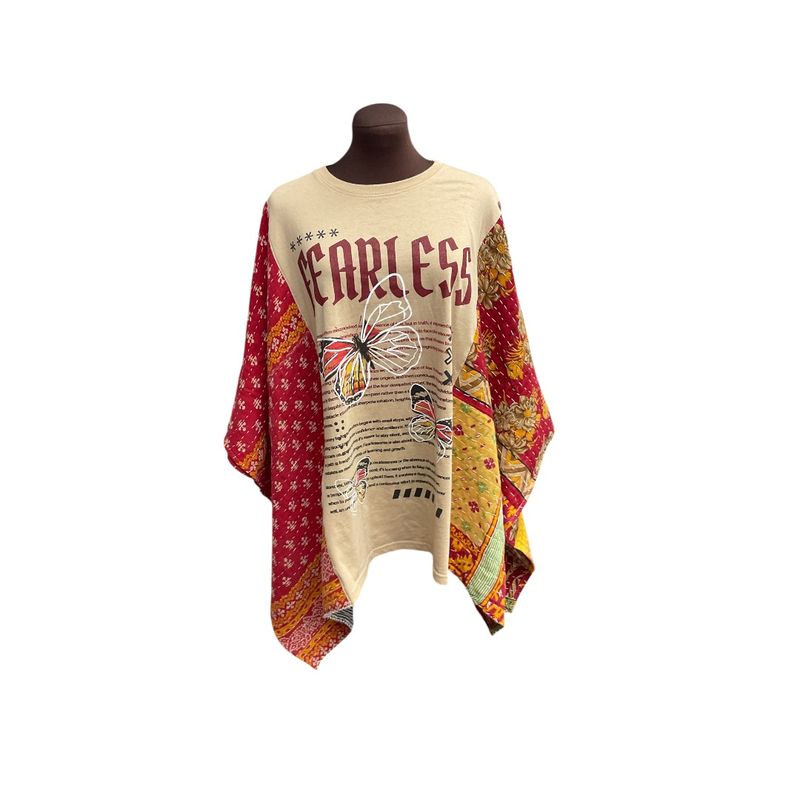Upcycled “Fearless” Kantha Poncho | Butterfly Graphic Layering Top | One Size
