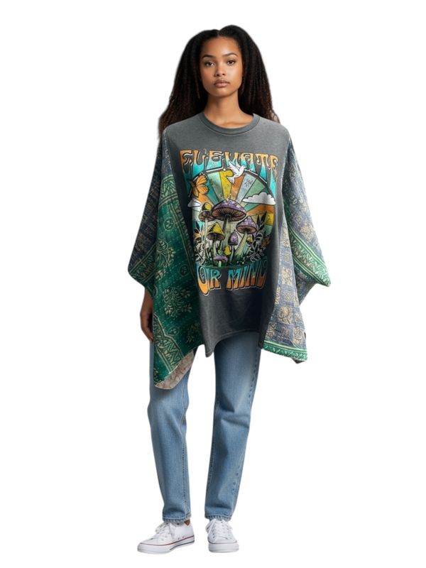 Upcycled Kantha Poncho | “Elevate Your Mind” Graphic Top | One Size