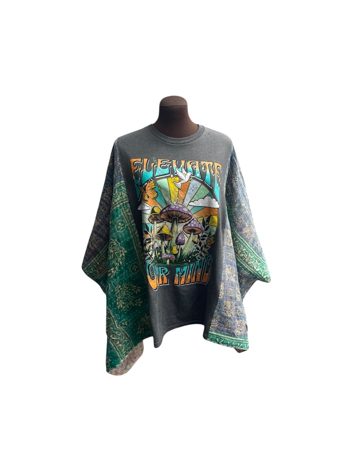 Upcycled Kantha Poncho | “Elevate Your Mind” Graphic Top | One Size