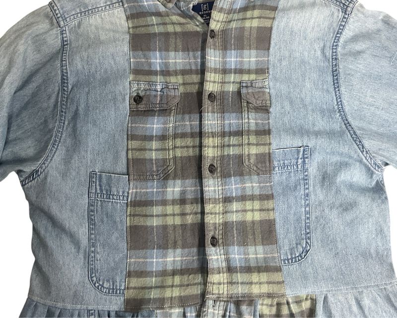 Upcycled Denim &amp; Flannel Blouse | Ruffled Button-Down Top