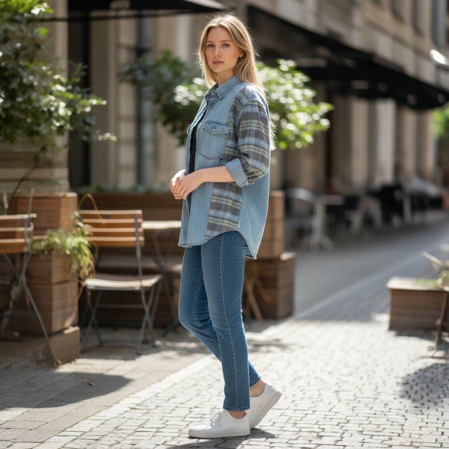 Ladies Denim / Flannel Top / Shacket / Upcycled Fashion