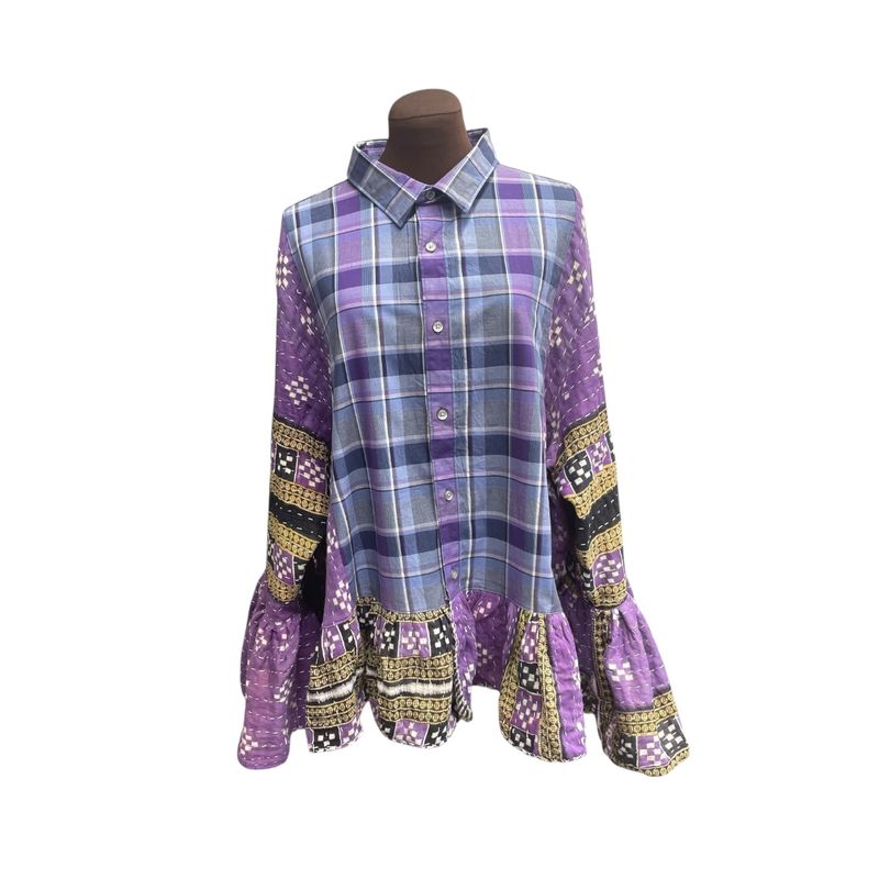 Ladies Boho Purple Buttondown with Kantha Accents