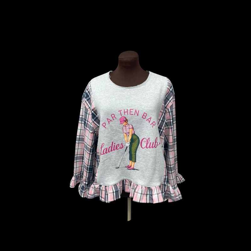 Upcycled Ladies Golf Top, Par Then Bar Ladies Club Shirt, Womens Golf Graphic Tee, Plaid Sleeve Ruffle Top, Golf Lover Gift, Country Club Style