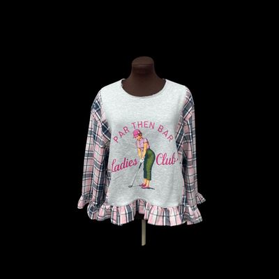 Upcycled Ladies Golf Top, Par Then Bar Ladies Club Shirt, Womens Golf Graphic Tee, Plaid Sleeve Ruffle Top, Golf Lover Gift, Country Club Style