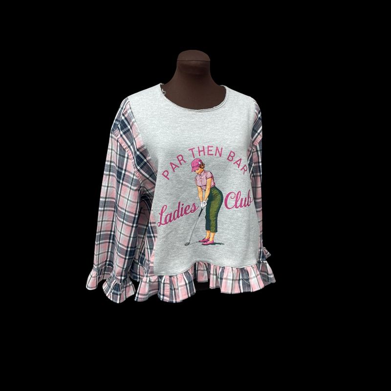 Upcycled Women’s Golf Ruffle Top | Plaid Sleeve Graphic Tee