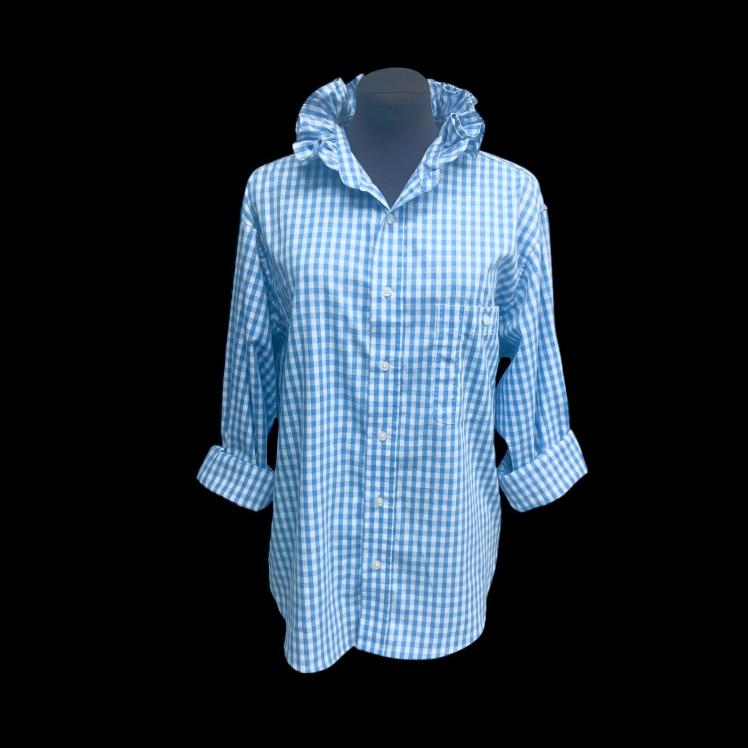 Blue and White Gingham Check Ruffled Ladies Blouse